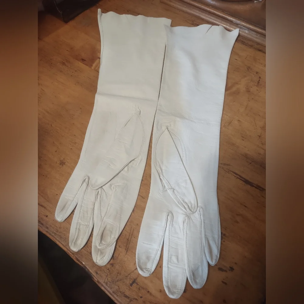 Sm Vintage Elegant White Leather Gloves Elbow Length